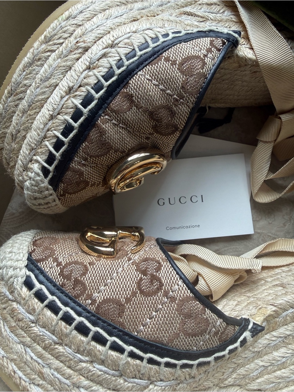 Gucci Beige Monogram Espadrille Wedge Sandals with Gold Logo - Picture 11 of 13